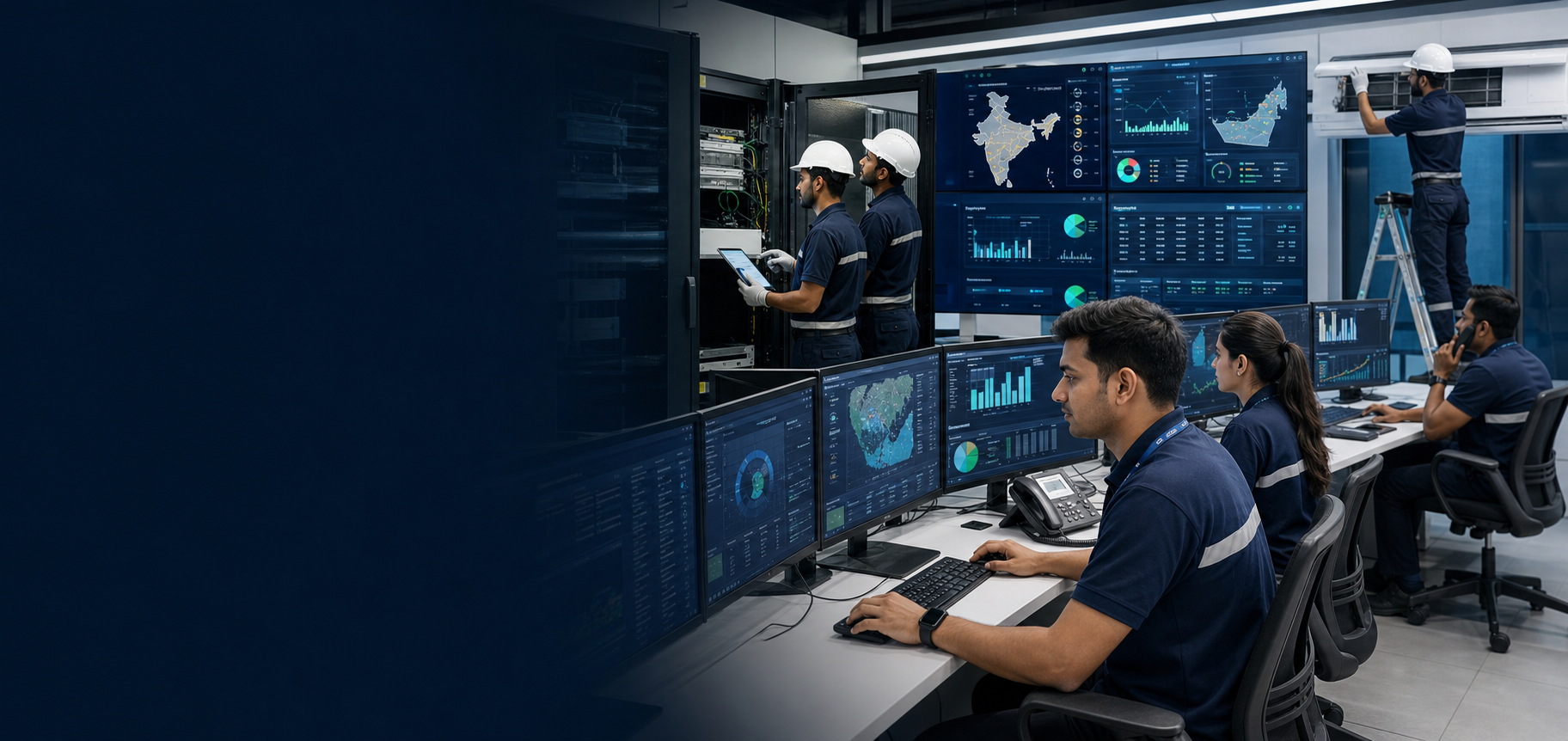 Critical facility maintenance operations team monitoring service dashboards