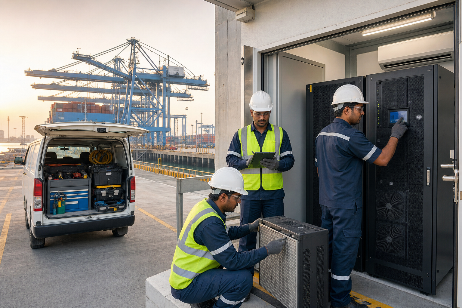 Maintenance team supporting facility systems at an Indian port